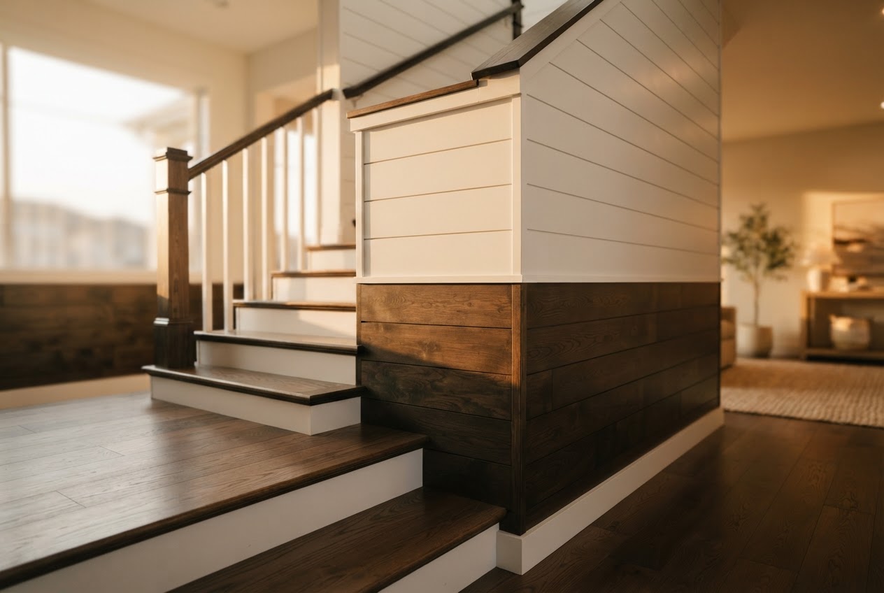 Two-toned shiplap staircase wall with dark walnut and white