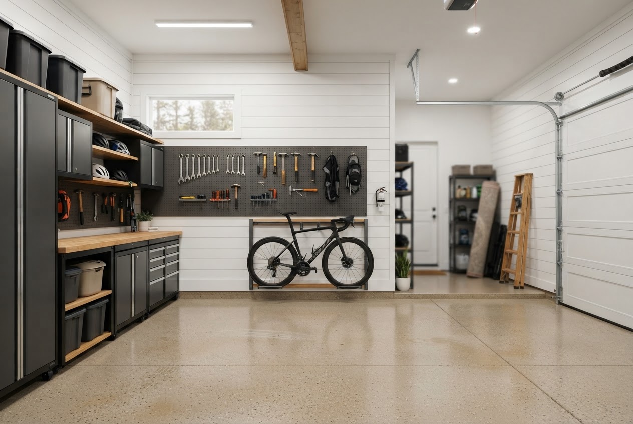 Finished garage with white shiplap interior walls