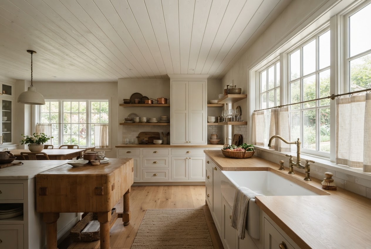 Shiplap installed on a kitchen ceiling painted cloud white