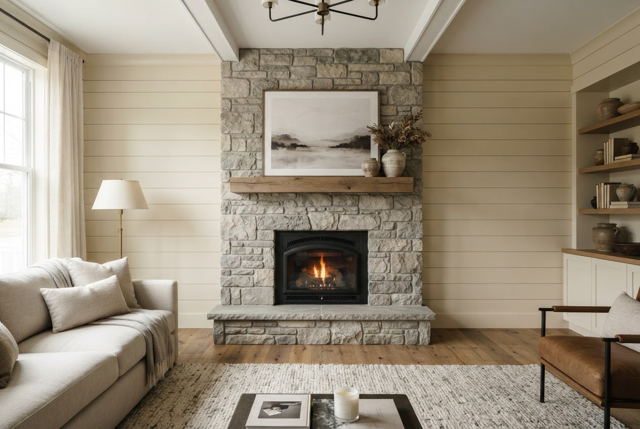 Stone fireplace with flanking cream shiplap panels