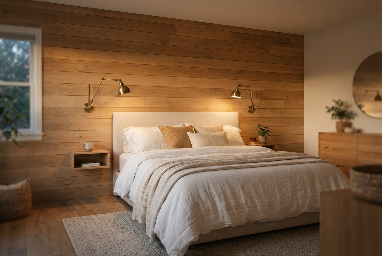 Full shiplap headboard wall in warm honey oak