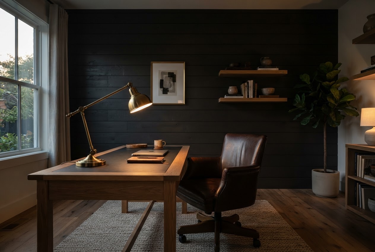 Home office with deep espresso brown shiplap wall