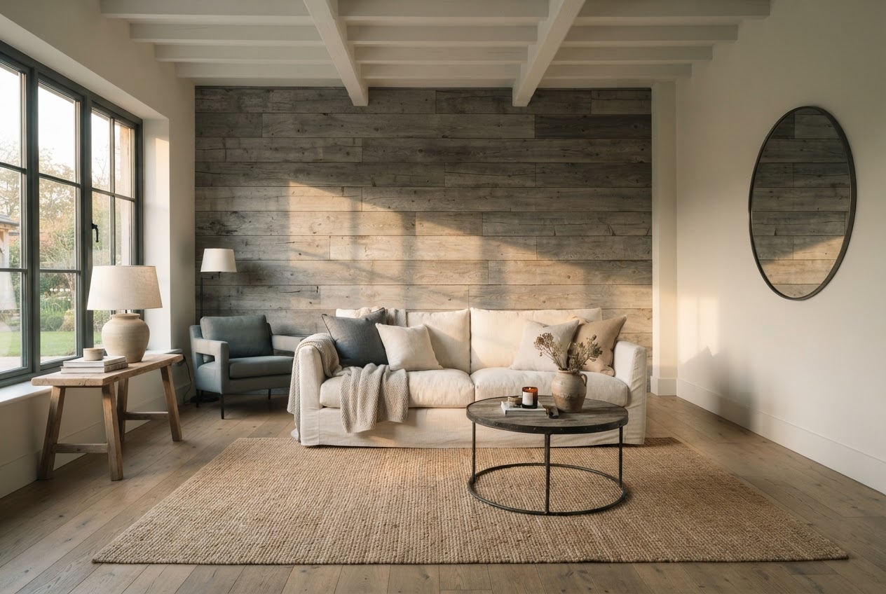 Weathered grey shiplap living room accent wall