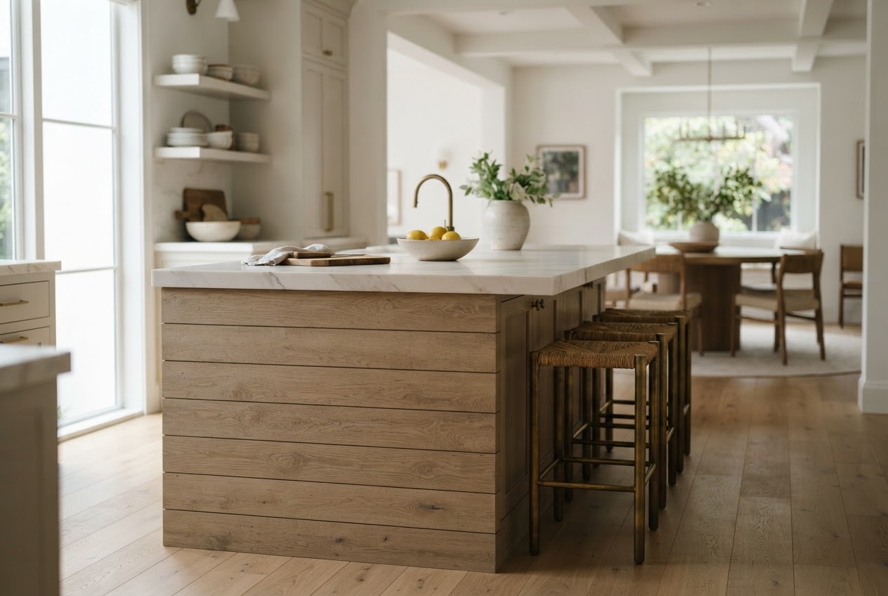 Kitchen island base clad in warm white oak shiplap