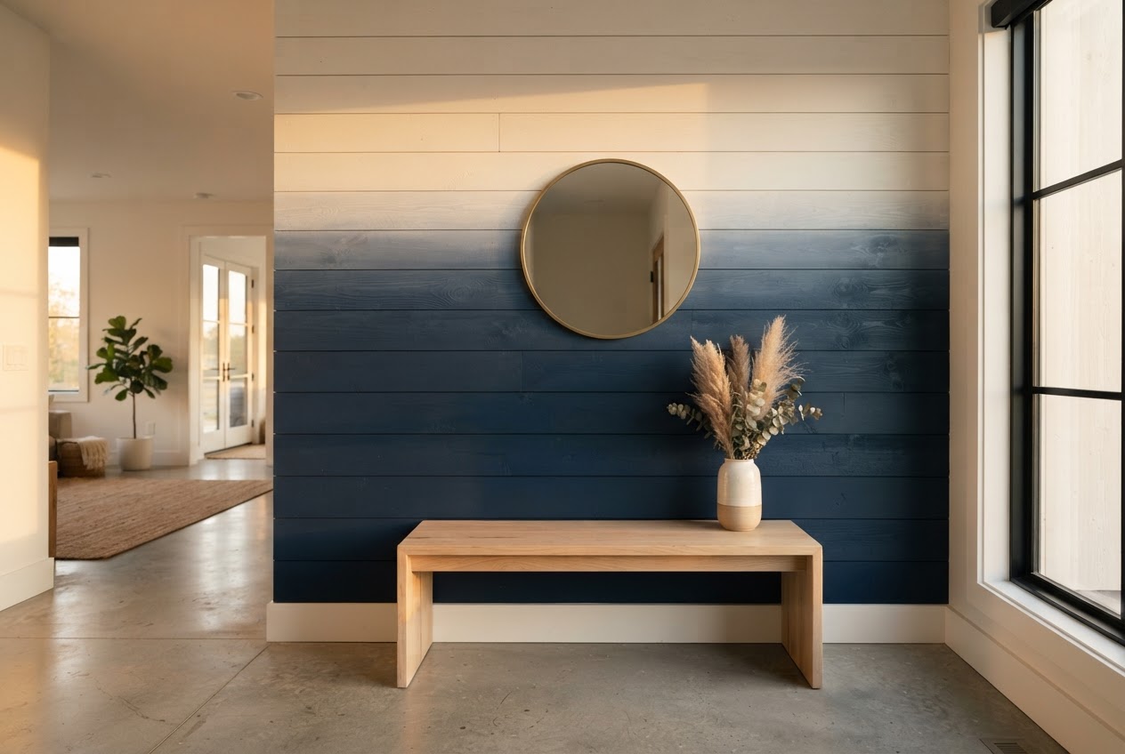 Ombre shiplap wall transitioning from navy to white