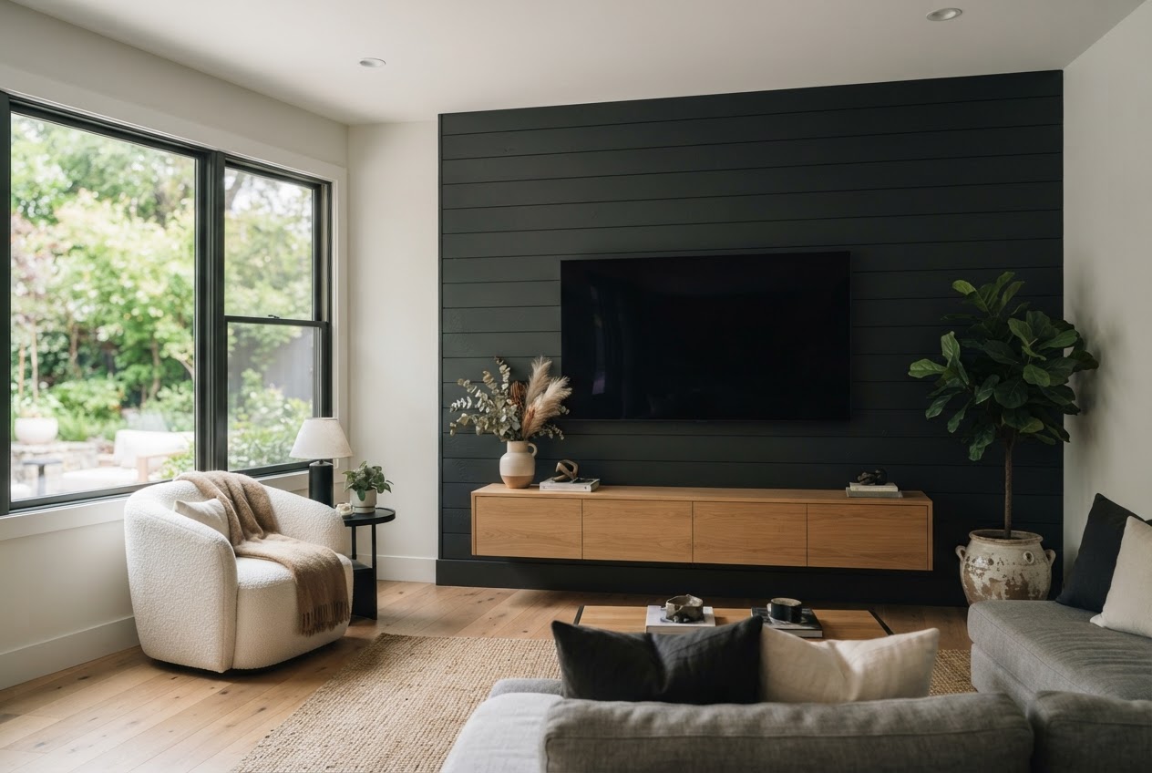 Living room media wall with dark charcoal shiplap