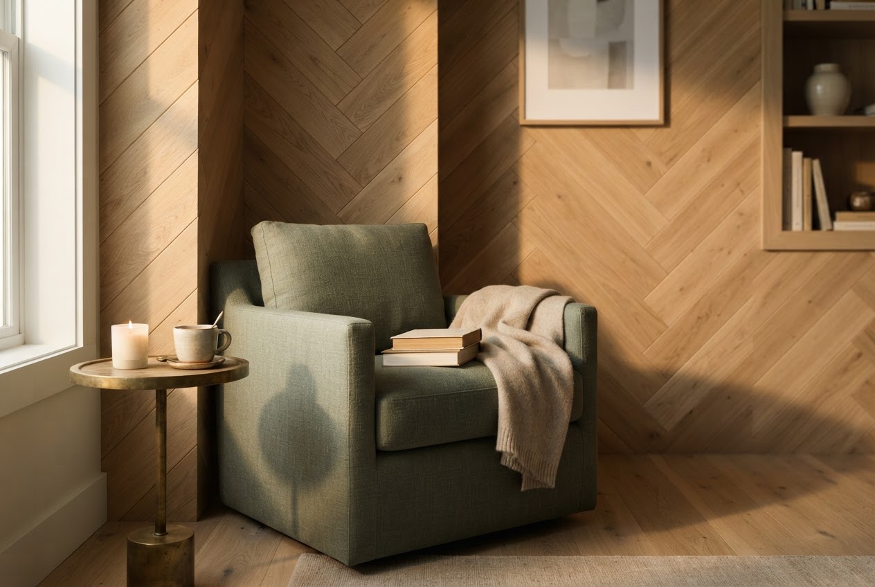 Herringbone shiplap pattern in a cozy reading nook