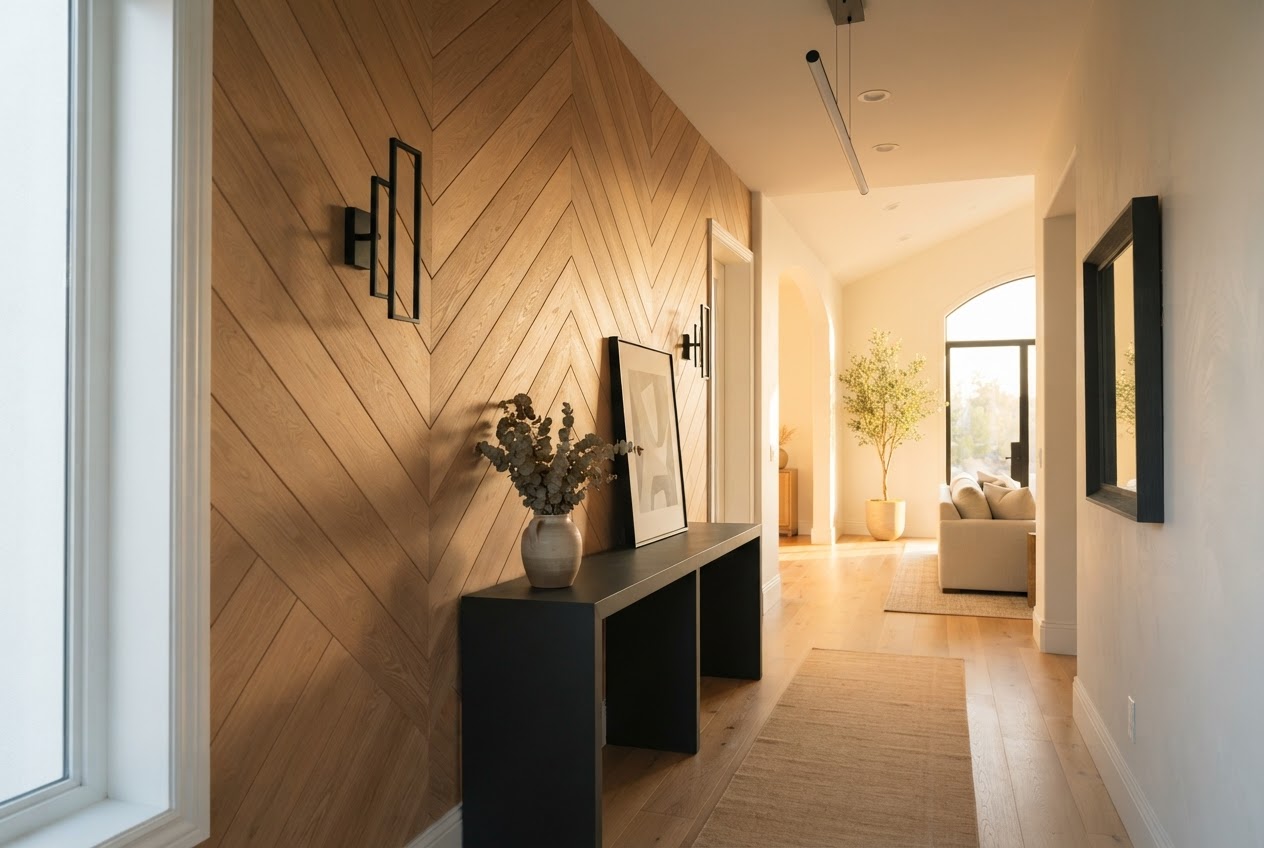 Chevron pattern shiplap hallway accent wall in white oak