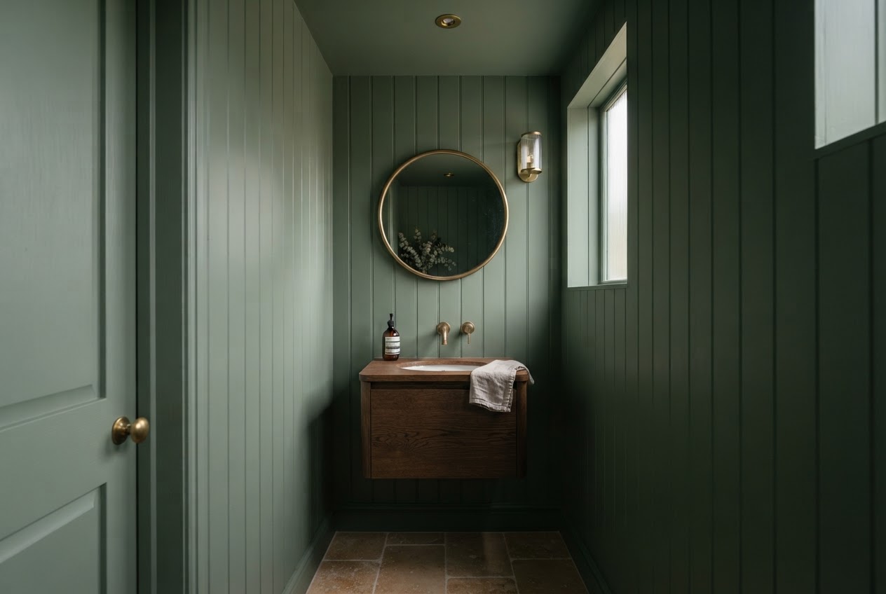 Narrow plank shiplap powder room in moody sage green