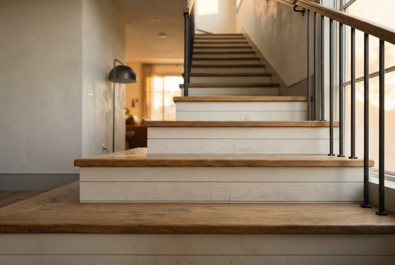 Staircase risers clad in thin white shiplap planks