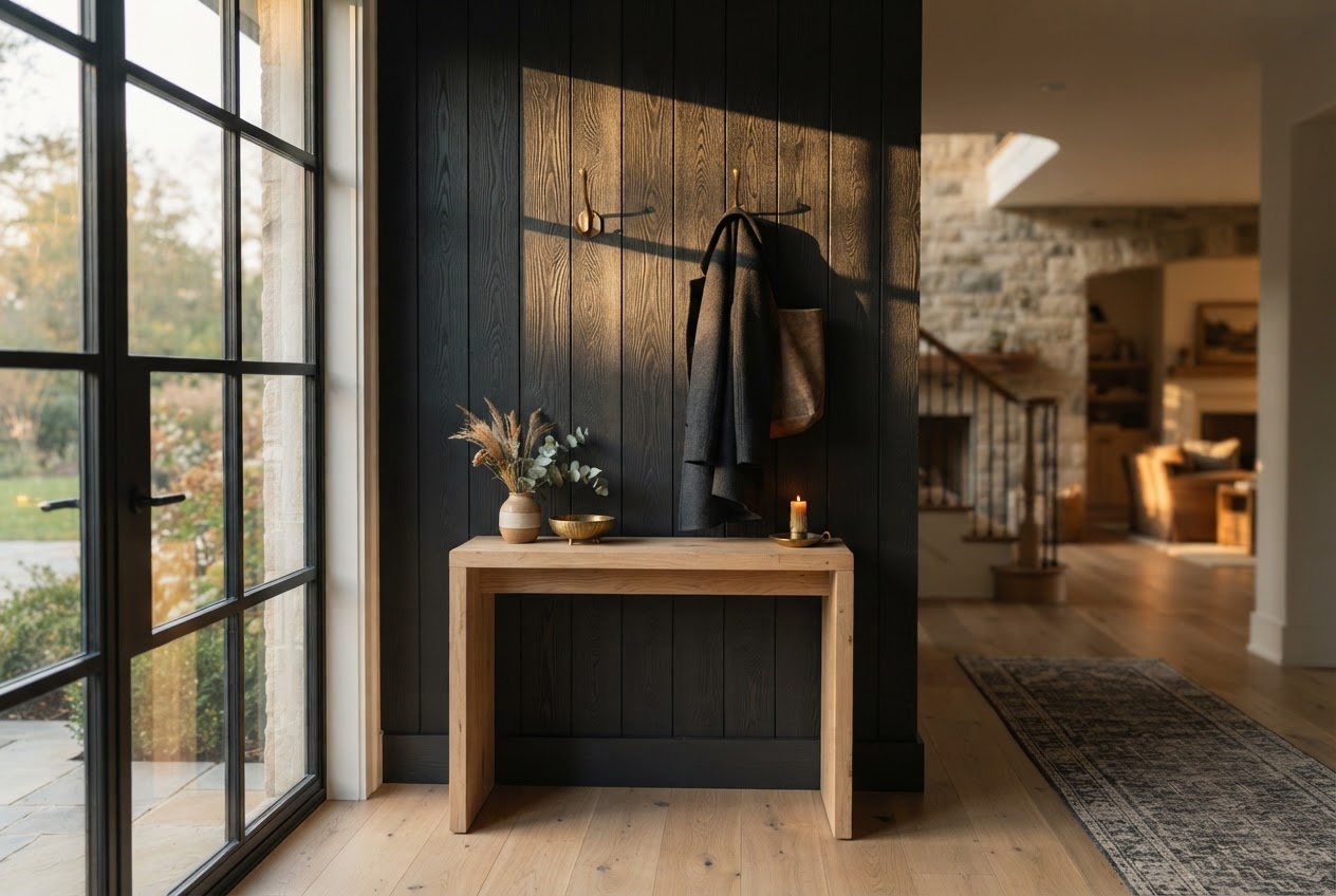 Vertical midnight oak shiplap wall in a modern farmhouse entryway