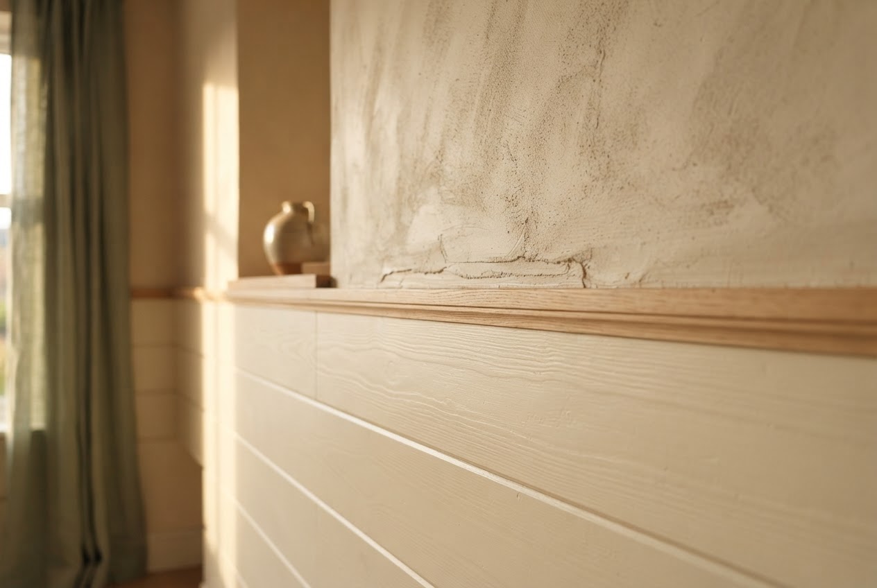 Shiplap lower wall with textured plaster above