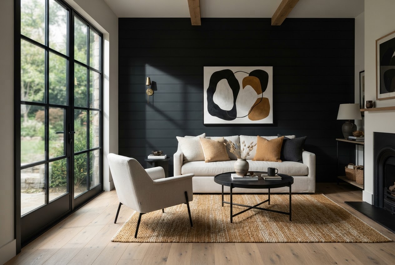 Bold black painted shiplap accent wall in a living room