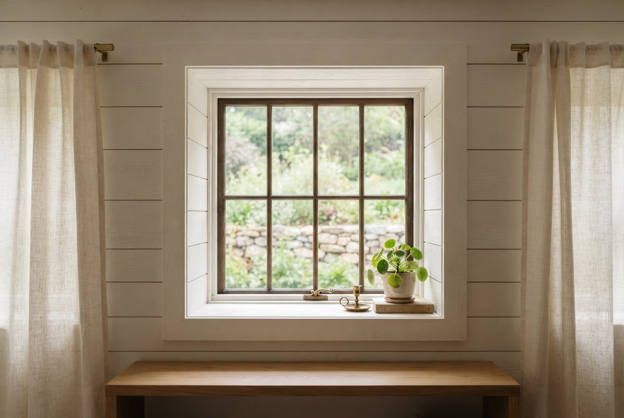 Window framed by shiplap trim painted warm white