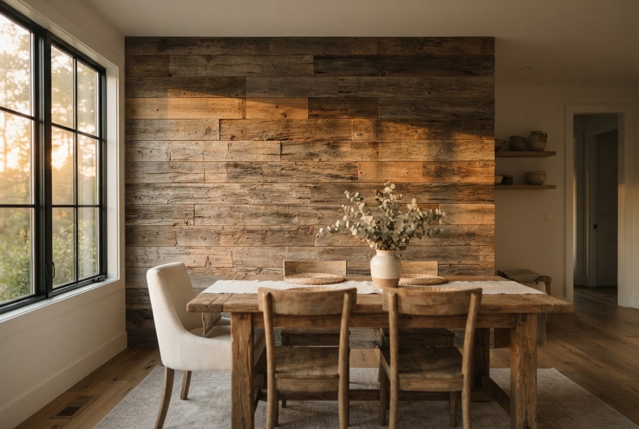 Reclaimed barn wood shiplap dining room accent wall