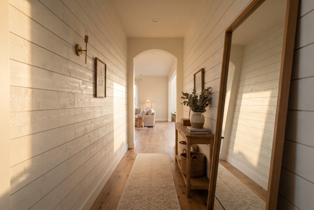 Narrow hallway with large floor mirror leaning against shiplap