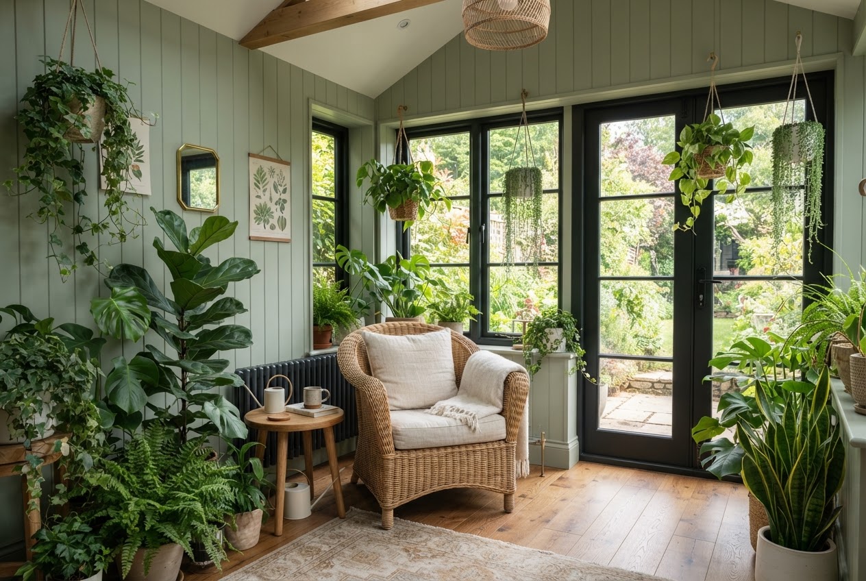Sunroom with sage green shiplap walls and abundant plants