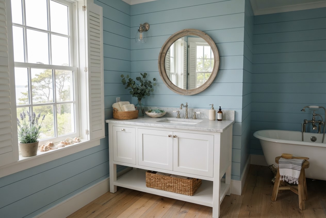 Bathroom with soft coastal blue shiplap walls