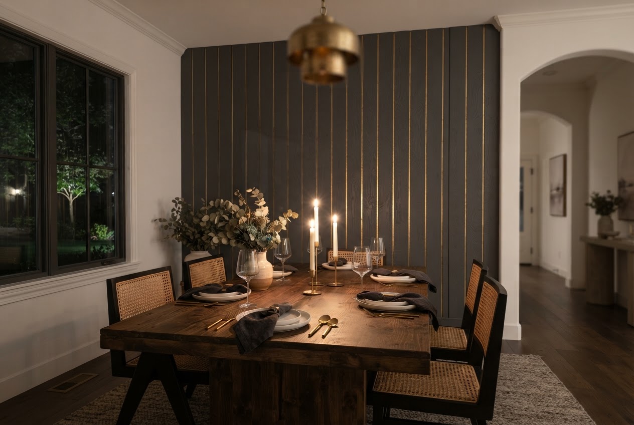Dining room shiplap wall with gold leaf in the plank grooves