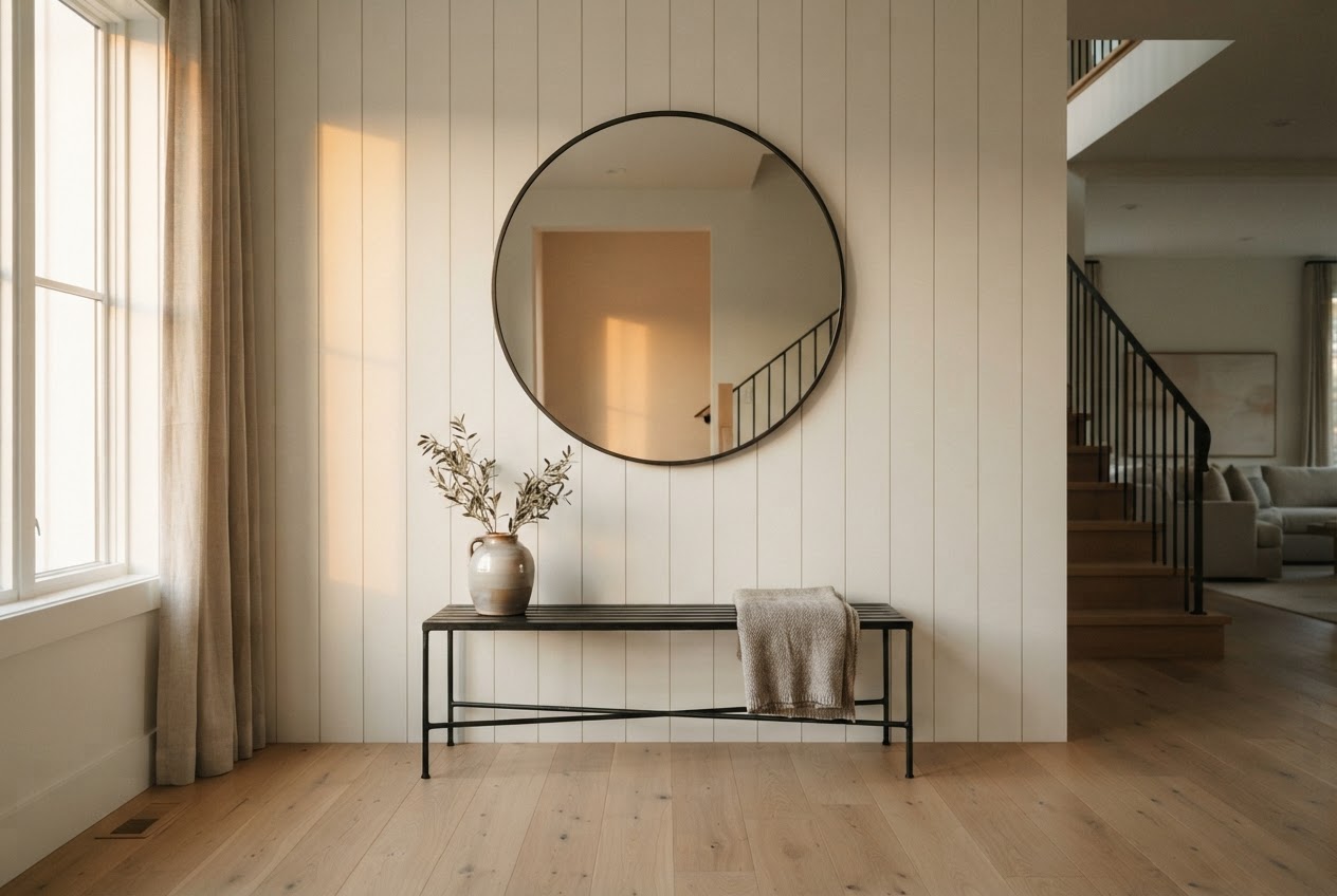 Minimalist white shiplap entryway with bench and mirror