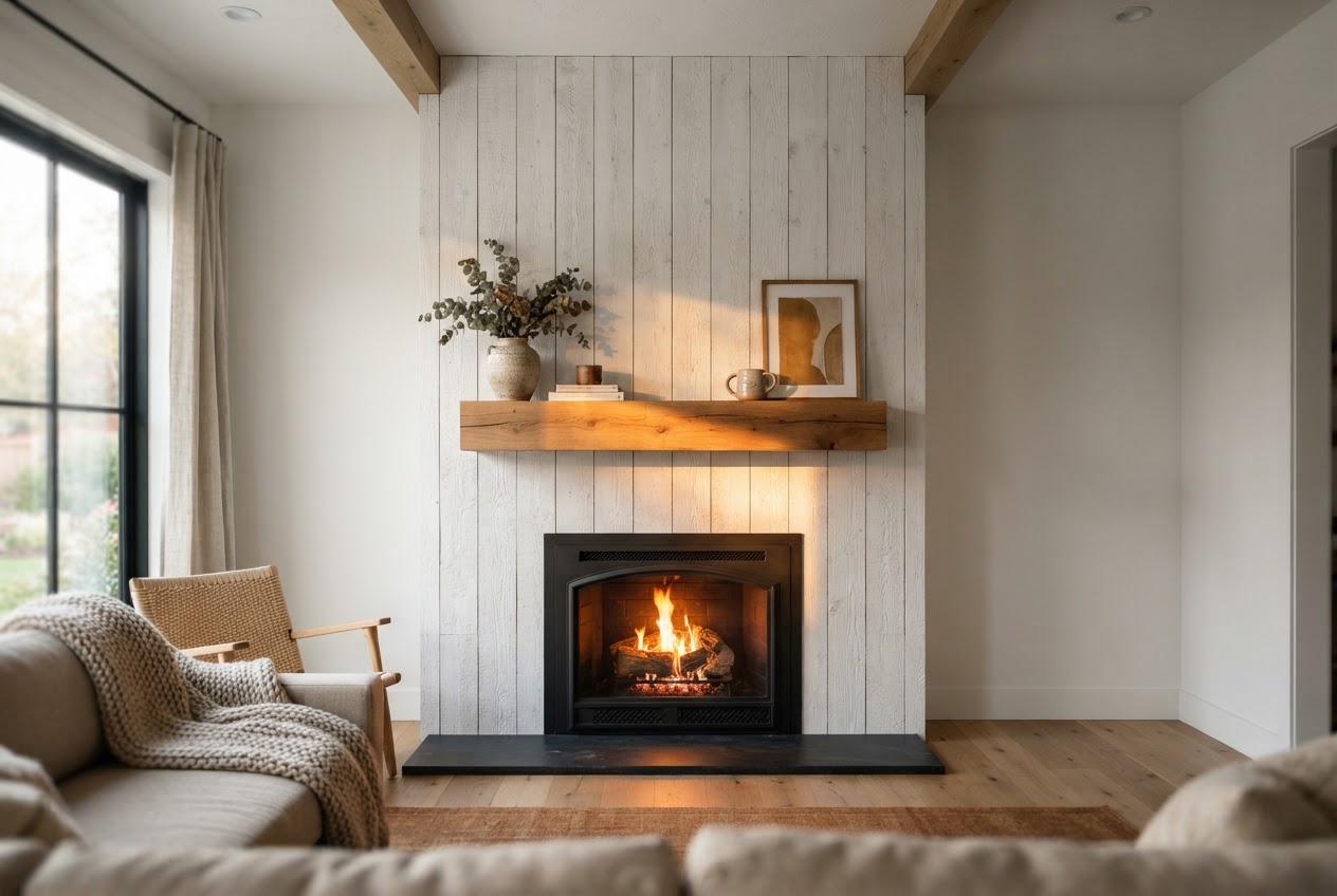 Whitewashed shiplap fireplace surround from floor to ceiling