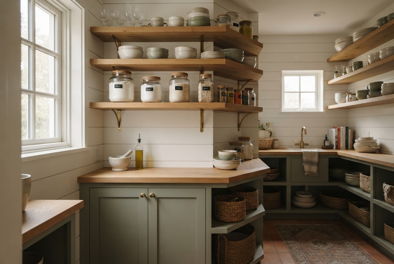 Butler's pantry with white shiplap walls and open shelving