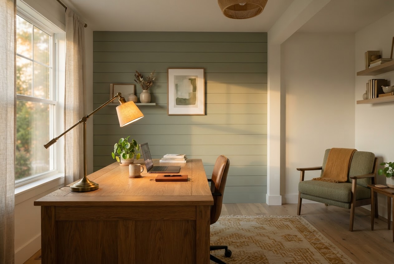 Color-drenched sage green shiplap office wall