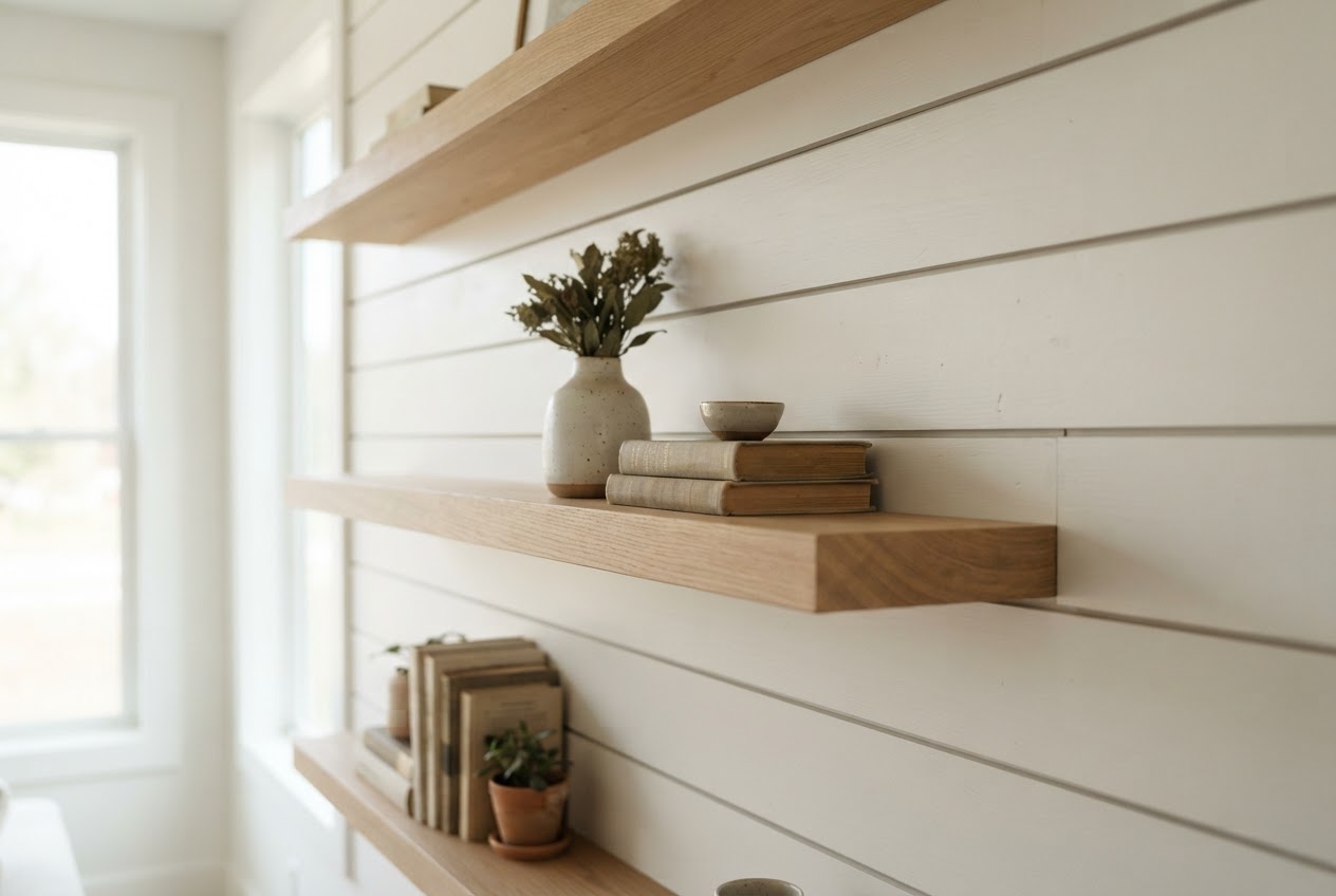 Shiplap wall with seamlessly integrated floating shelves