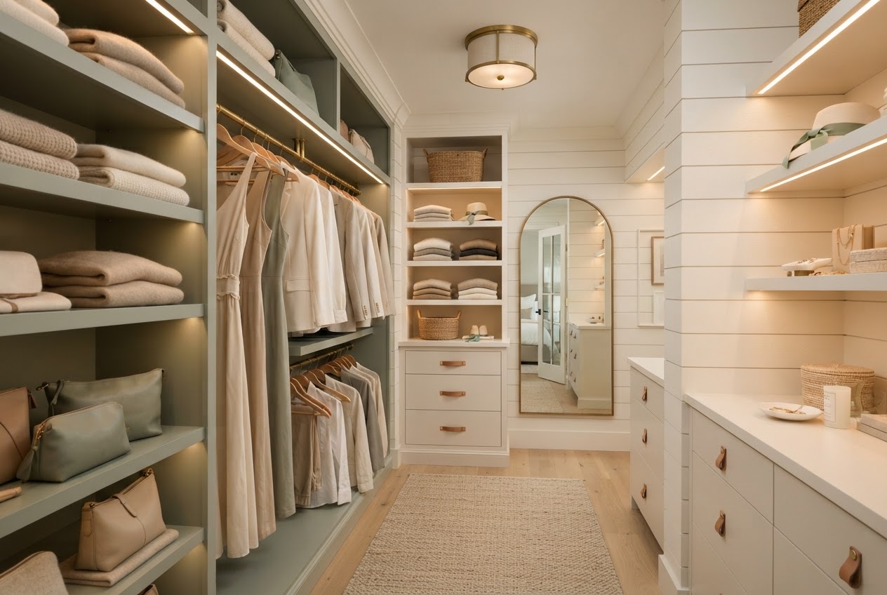Walk-in closet with soft white shiplap interior walls