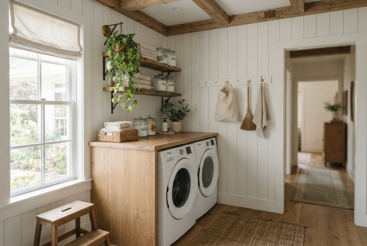 Crisp white shiplap laundry room with folding counter