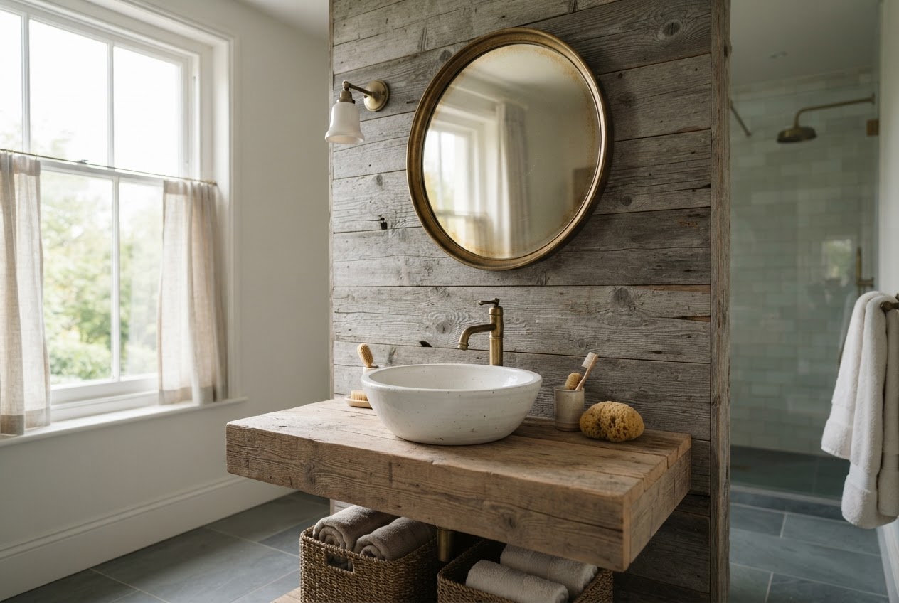 Weathered driftwood shiplap bathroom vanity wall