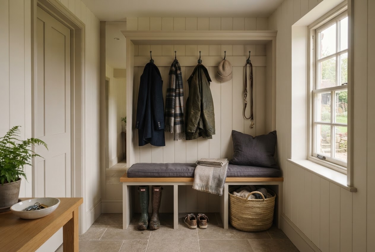 White shiplap mudroom with built-in boot bench