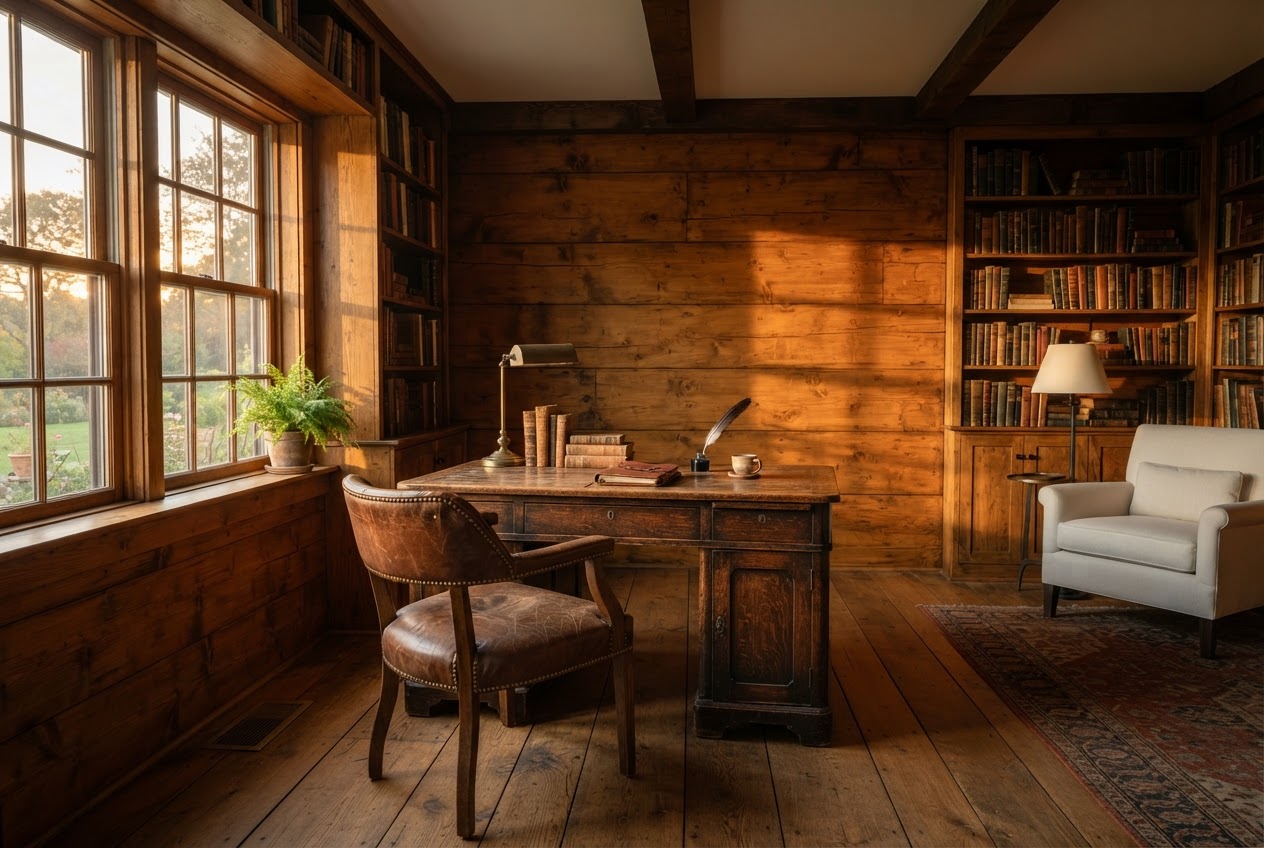 Study with warm vintage amber stained shiplap walls