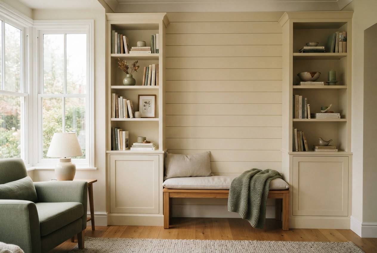 Shiplap wall with flanking built-in bookcases