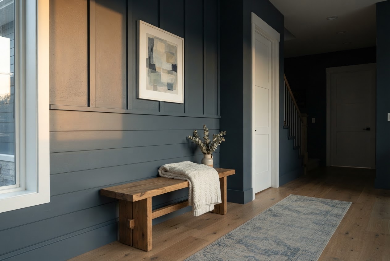 Board and batten hybrid with shiplap in dusky blue-grey