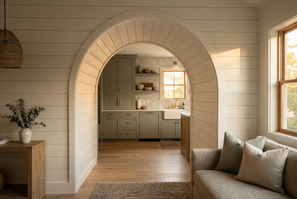 Curved shiplap archway connecting two rooms