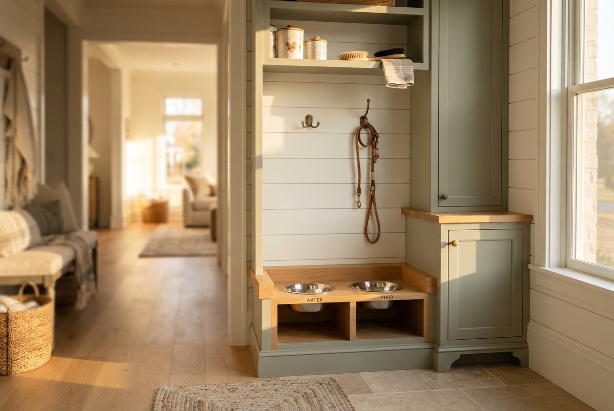 Pet station wall with shiplap backing and built-in dog bowls