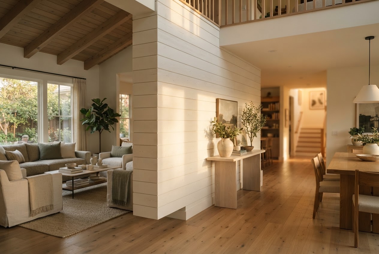 Floating shiplap partition wall dividing a large room
