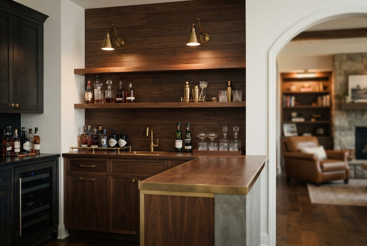 Home bar with dark walnut shiplap backsplash