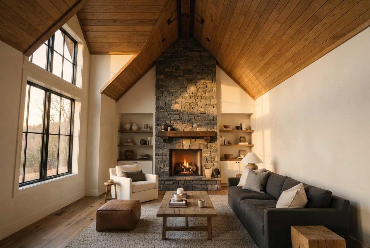 Vaulted living room ceiling with honey oak shiplap