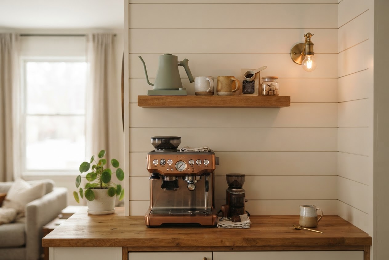Small shiplap coffee bar nook with floating shelf