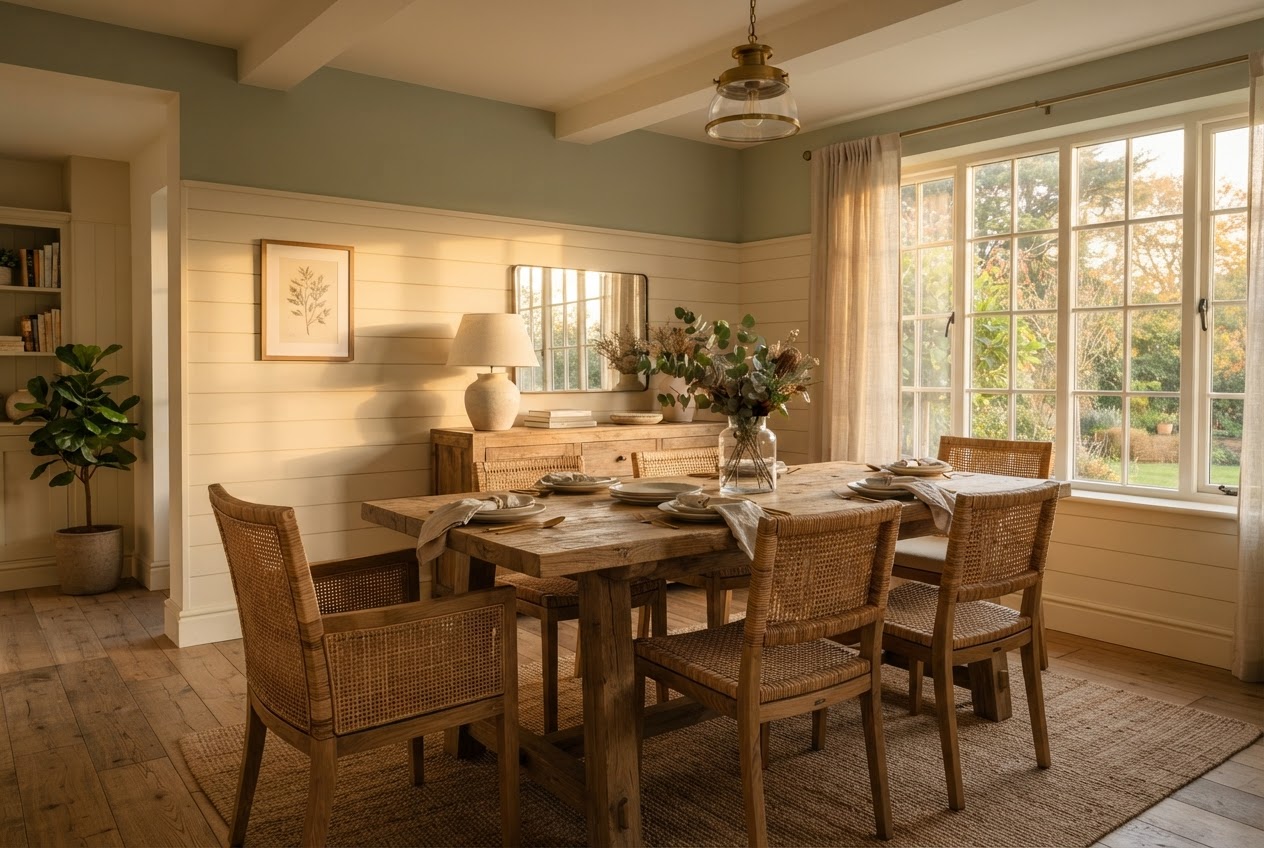Shiplap wainscoting in a dining room with sage green upper wall