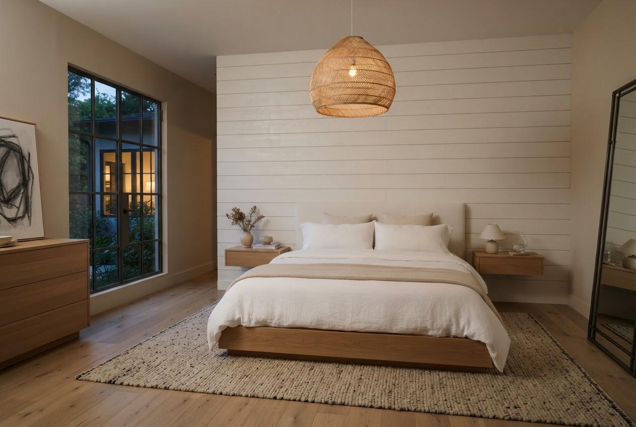 Floor to ceiling shiplap accent wall in a bedroom