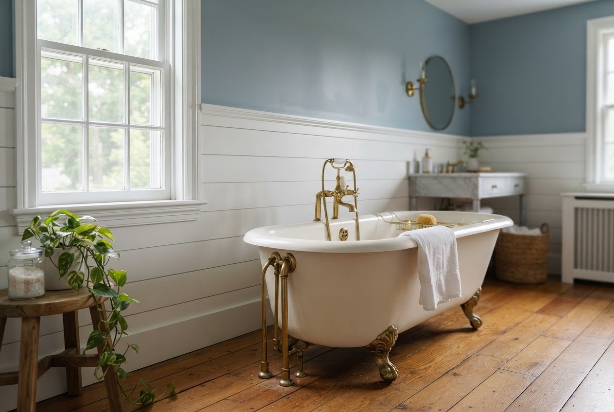 Shiplap bathroom half wall with soft blue upper wall