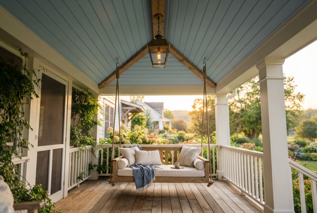 Covered porch ceiling with haint blue shiplap