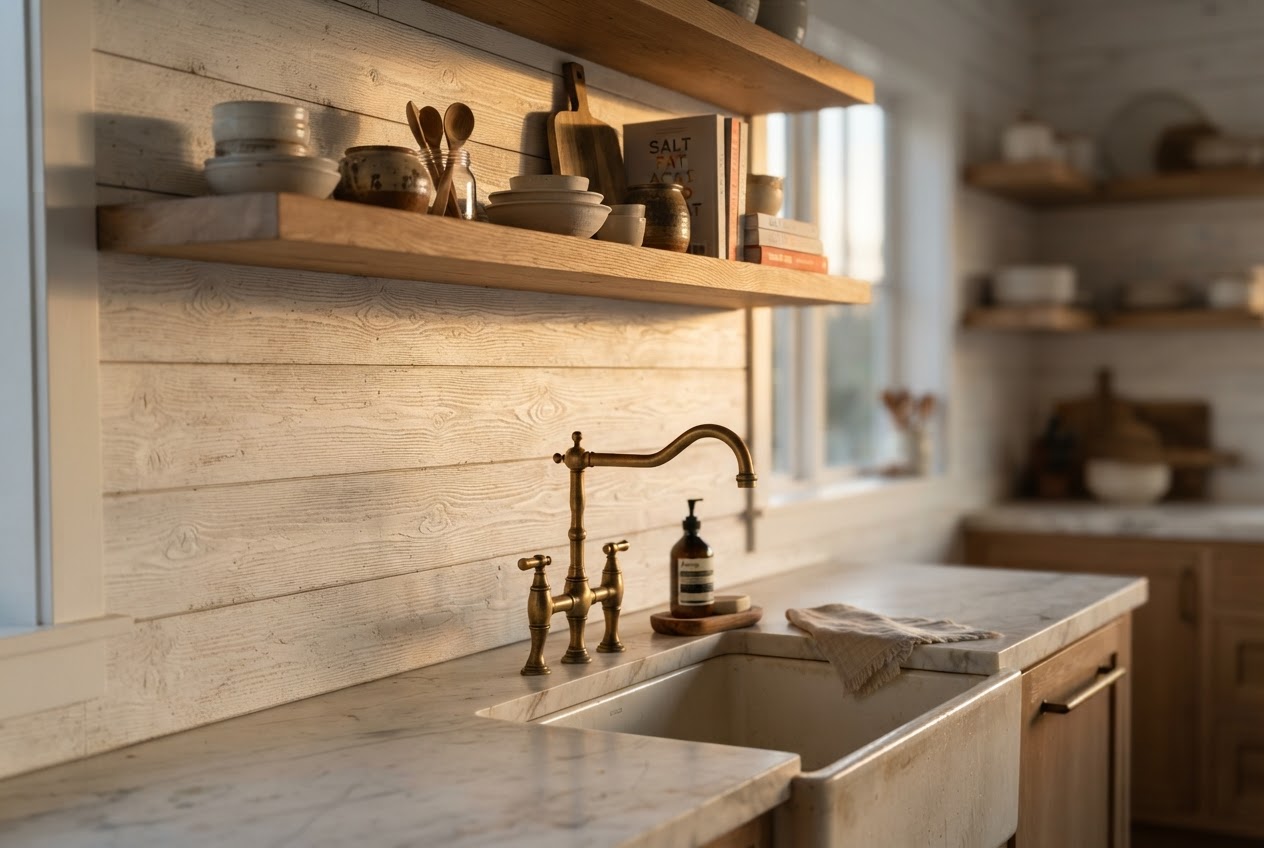 Whitewashed shiplap backsplash behind a farmhouse sink