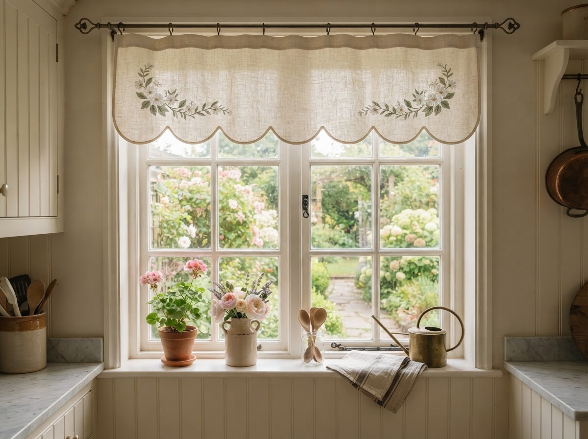 Scalloped cream linen valance above a kitchen window