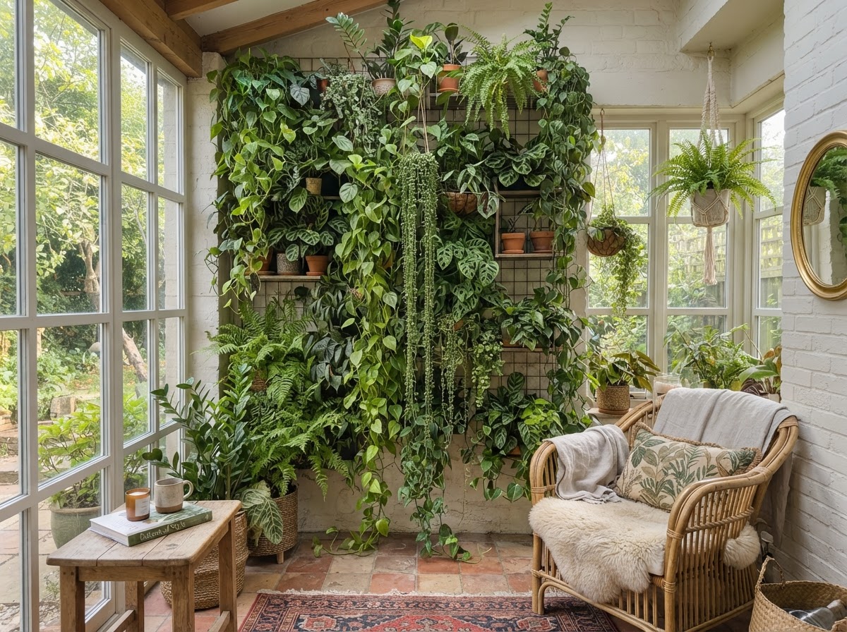 Indoor living plant wall with trailing vines in a bright sunroom