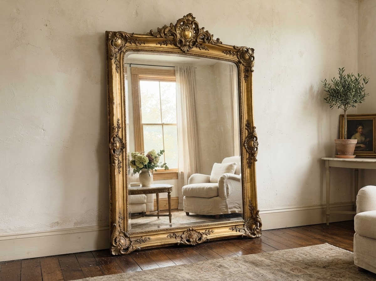 Ornate vintage gold leaf floor mirror leaning against a cream plaster wall