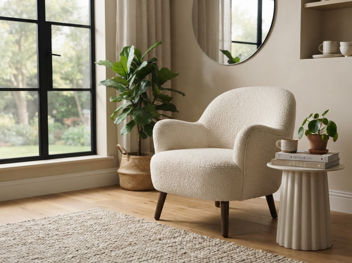 Cream boucle accent chair with curved silhouette in a bright corner